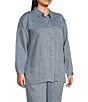 Color:Chambray - Image 4 - Plus Size Chambray Yarn Dyed Organic Linen Point Collar Long Sleeve Button-Front Shirt