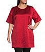 Eileen Fisher Plus Size Crinkle Textured Satin Round Neck Elbow Sleeve Tunic - Image 1