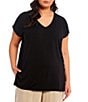 Color:Black - Image 1 - Plus Size Fine Stretch Knit Jersey V-Neck Cap Sleeve Long Boxy Top