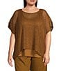 Color:Bronze - Image 1 - Plus Size Organic Linen Delave Gauze Scoop Neck Short Sleeve Sweater