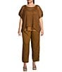 Color:Bronze - Image 3 - Plus Size Organic Linen Delave Gauze Scoop Neck Short Sleeve Sweater