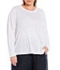 Color:White - Image 1 - Plus Size Organic Linen Jersey Knit Crew Neck Long Sleeve Tee Shirt