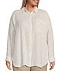 Color:Bronze - Image 1 - Plus Size Puckered Organic Linen Stripe Print Point Collar Long Sleeve Button-Front Shirt