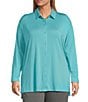 Color:Glacier - Image 1 - Plus Size Stretch Jersey Knit Point Collar Long Sleeve Button-Front Shirt