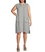 Color:White/Black - Image 1 - Plus Size Striped Crinkle Organic Linen Point Collar Sleeveless Button-Front Shirt Dress