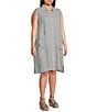 Color:White/Black - Image 3 - Plus Size Striped Crinkle Organic Linen Point Collar Sleeveless Button-Front Shirt Dress