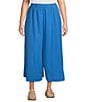 Color:Calypso - Image 1 - Plus Size Washed Organic Cotton Poplin Extra Wide-Leg Coordinating Cropped Pants