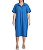 Color:Calypso - Image 1 - Plus Size Washed Organic Cotton Poplin Point Collar Elbow Sleeve Midi Shirt Dress