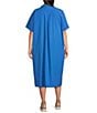 Color:Calypso - Image 2 - Plus Size Washed Organic Cotton Poplin Point Collar Elbow Sleeve Midi Shirt Dress