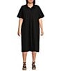 Color:Black - Image 1 - Plus Size Washed Organic Cotton Poplin Point Collar Elbow Sleeve Midi Shirt Dress