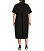 Color:Black - Image 2 - Plus Size Washed Organic Cotton Poplin Point Collar Elbow Sleeve Midi Shirt Dress
