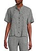 Eileen Fisher Puckered Organic Linen Gingham Mandarin Collar Short Sleeve Coordinating Top, Color:Black White - Image 1