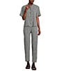 Eileen Fisher Puckered Organic Linen Gingham Mandarin Collar Short Sleeve Coordinating Top, Color:Black White - Image 3