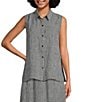 Color:Black/White - Image 1 - Puckered Organic Linen Point Collar Sleeveless Side Slit Button-Front Shirt
