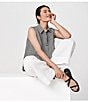 Color:Black/White - Image 6 - Puckered Organic Linen Point Collar Sleeveless Side Slit Button-Front Shirt