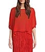 Color:Flame - Image 1 - Sheer Silk Georgette Round Neck Elbow Sleeve Cropped Poncho