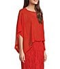 Color:Flame - Image 3 - Sheer Silk Georgette Round Neck Elbow Sleeve Cropped Poncho