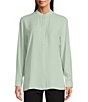 Color:Absinthe - Image 1 - Silk Georgette Crepe Banded Mandarin Collar Long Sleeve Shirt