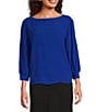 Eileen Fisher Silk Georgette Crepe Boat Neck 3/4 Sleeve Top, Color:Lapis - Image 1