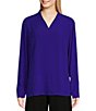 Color:Blue Violet - Image 1 - Silk Georgette Crepe V-Neck Long Sleeve Side Slit Long Top