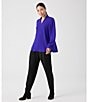 Color:Blue Violet - Image 5 - Silk Georgette Crepe V-Neck Long Sleeve Side Slit Long Top