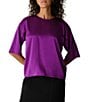 Eileen Fisher Stretch Silk Charmeuse Round Neck Elbow Sleeve Top - Image 5