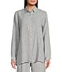 Color:White/Black - Image 1 - Striped Crinkle Organic Linen Point Collar Long Sleeve High-Low Hem Button-Front Shirt