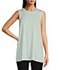 Color:Clearwater - Image 1 - Tencel Fine Stretch Jersey Knit Sleeveless Crew Neck Side Slit Shell Top