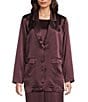 Eileen Fisher Textured Satin Notch Lapel Long Sleeve Flap Pocket Button Front Blazer, Color:Wine - Image 1