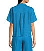 Eileen Fisher Washed Organic Linen Mandarin Collar Short Sleeve Button Front Top, Color:Oahu Blue - Image 2