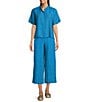 Eileen Fisher Washed Organic Linen Mandarin Collar Short Sleeve Button Front Top, Color:Oahu Blue - Image 3