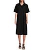 Eileen Fisher Washed Organic Cotton Poplin Point Collar Elbow Sleeve Midi Shirt Dress, Color:Black - Image 1