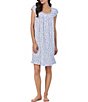 Color:White/Navy - Image 1 - Floral Print Cap Sleeve Pintuck Beaded Lace Sweetheart Neck Jersey Cotton Ruffle Trim Short Nightgown