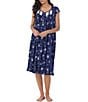 Color:Navy/Print - Image 1 - Floral Print Cap Sleeve Ruffle Pintuck Lace Sweetheart Neck Jersey Waltz Midi Nightgown