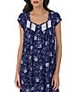 Color:Navy/Print - Image 3 - Floral Print Cap Sleeve Ruffle Pintuck Lace Sweetheart Neck Jersey Waltz Midi Nightgown