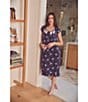 Color:Navy/Print - Image 4 - Floral Print Cap Sleeve Ruffle Pintuck Lace Sweetheart Neck Jersey Waltz Midi Nightgown