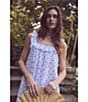 Color:White/Blue Floral - Image 6 - Floral Print Sleeveless Lace Ruffle Trim Square Neck Woven Swiss Dot Ballet Midi Nightgown