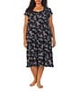 Color:Black Ground Floral - Image 1 - Plus Size Floral Print Modal Jersey Sweetheart Neck Ruffle Cap Sleeve Waltz Nightgown