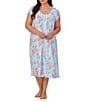Eileen West Plus Size Silky Jersey Knit Cap Sleeve Sweetheart Neck Floral Print Waltz Nightgown, Color:Aqua Floral - Image 1