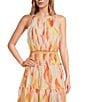 Color:Coral Amalfi Print - Image 1 - Abstract Print Halter Neck Sleeveless Coordinating Cropped Top