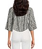 Color:Black White Snake Print - Image 2 - Boat Neck 3/4 Bell Sleeve Tie Front Cropped Top