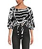 Color:Black Barbado Print - Image 1 - Boat Neck 3/4 Bell Sleeve Tie Front Cropped Top
