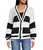 ELAN Bold Striped V-Neck Long Sleeve Button Front Cardigan, Color:Black/Off White Stripe - Image 4