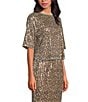 ELAN Cheetah Coordinating Sequin Round Neck Elbow Sleeve Top, Color:Cheetah Print - Image 3