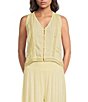 Elan Coordinating Lace Inset V-Neck Sleeveless Button Front Top - Image 1