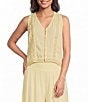 ELAN Coordinating Lace Inset V-Neck Sleeveless Button Front Top - Image 1