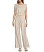 ELAN Coordinating Metallic Arrow Print Elastic Waistband Pull-On Side Slit Wide Leg Pants, Color:Natural on Natural - Image 3