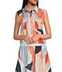ELAN Coordinating Woven Prism Point Collar Sleeveless Button Front Crop Top - Image 2