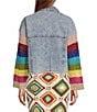 Color:Denim - Image 2 - Mixed Media Crochet Long Bell Sleeve Chest Pocket Cropped Denim Jacket