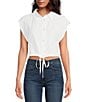 Color:White - Image 1 - Point Collar Short Sleeve Button Down Cropped Top